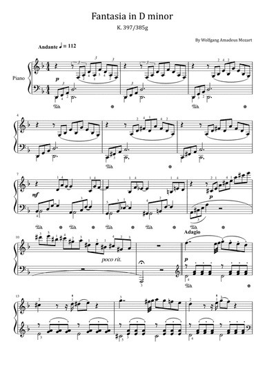 Mozart Fantasia in D Minor - K. 397/385g - Original With Fingered