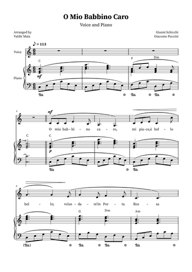 O Mio Babbino Caro - Female Voice in C Major (with chords)