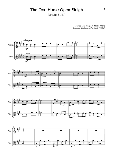 James Lord Pierpont - The One Horse Open Sleigh (Jingle Bells). Arrangement for Violin and Viola.