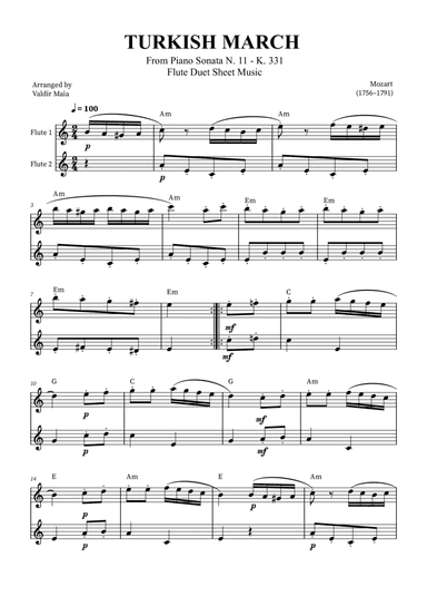 Turkish March - Flute Duet (with chords)