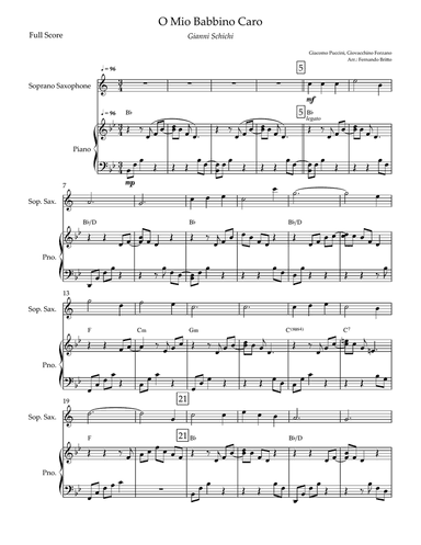 O Mio Babbino Caro (Puccini) for Soprano Saxophone Solo & Piano Accompaniment with Chords