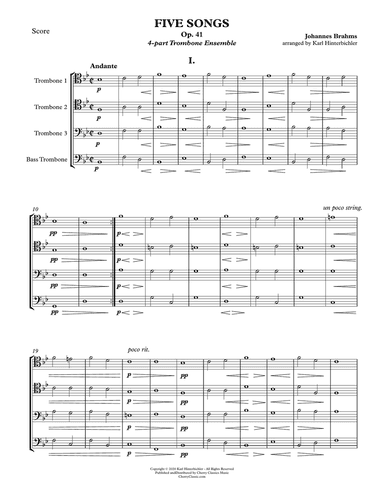 Five Songs Opus 41 for Trombone Quartet Ensemble