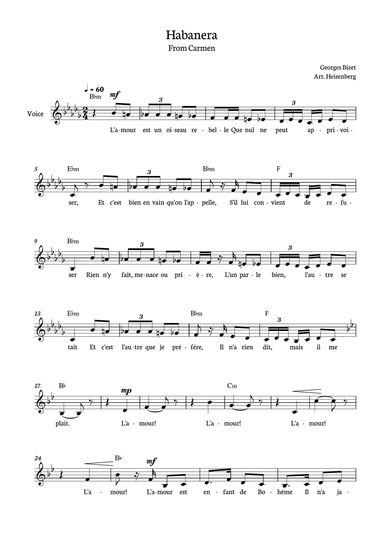Habanera Carmen for voice in Bb minor with chords