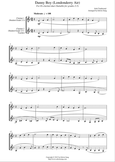 Danny Boy (Londonderry Air) (for Eb-Clarinet duet, suitable for grades 2-5)
