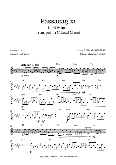 Passacaglia - Easy Trumpet in C Lead Sheet in Ebm Minor (Johan Halvorsen's Version)