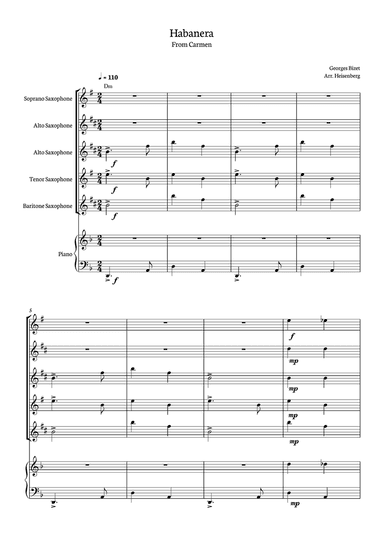 Habanera - Carmen - Georges Bizet, for Saxofone Quintet with piano and chords in a easy version.