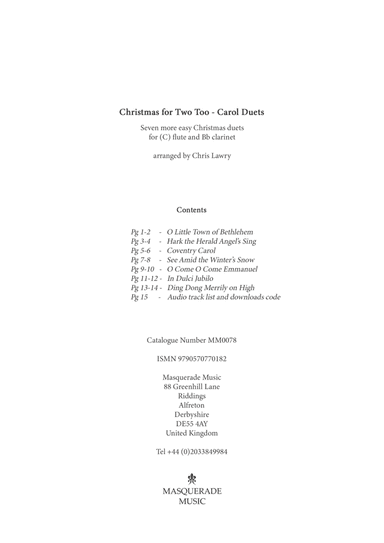 Christmas for Two Too - 7 Easy Carol Duets - C flute/Bb clarinet . By Chris Lawry