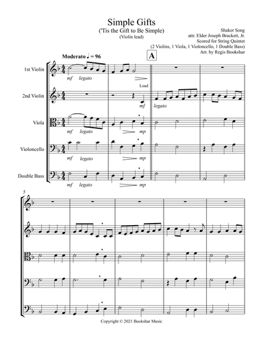 Simple Gifts ('Tis the Gift to Be Simple) (F) (String Quintet - 2 Violins, 1 Viola, 1 Cello, 1 Bass)