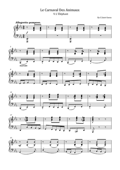C.Saint-Saens - Le Carnaval Des Animaux, V. L' Éléphant – For Piano Solo Original