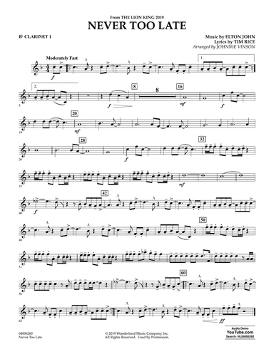 Never Too Late (from The Lion King 2019) (arr. Johnnie Vinson) - Bb Clarinet 1