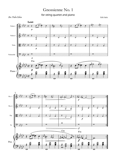 Gnossienne No. 1 β for String Quartet and Piano with chords
