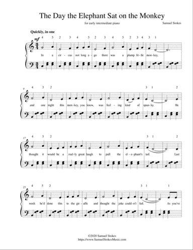 The Day the Elephant Sat on the Monkey - for early intermediate piano (optional voice)