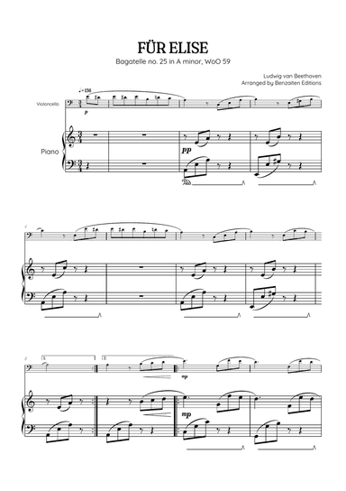 Beethoven • Für Elise / Pour Elise • violoncello & piano sheet music