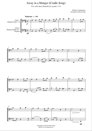 Away in a Manger (Cradle Song) (for cello duet, suitable for grades 1-5)