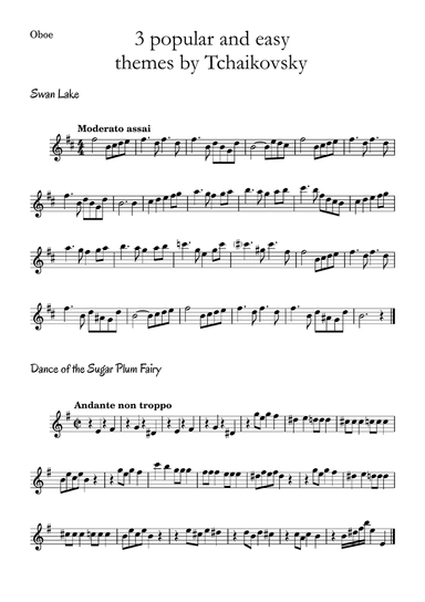 3 popular and easy themes by Tchaikovsky with accompaniment and chord symbols for Oboe