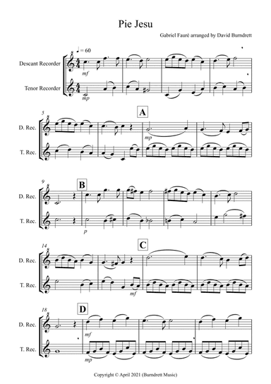 Pie Jesu (from Requiem) for Descant and Tenor Recorder Duet