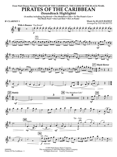 Pirates of the Caribbean (Soundtrack Highlights) (arr. Ted Ricketts) - Bb Clarinet 1