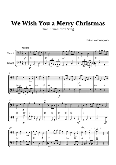 We Wish you a Merry Christmas for Tuba Duet with Chords