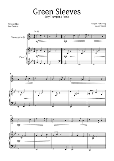 "Green Sleeves" - Beautiful easy version for TRUMPET and PIANO