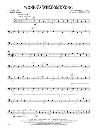 Wonka's Welcome Song (from Charlie and the Chocolate Factory): (wp) B-flat Tuba B.C.