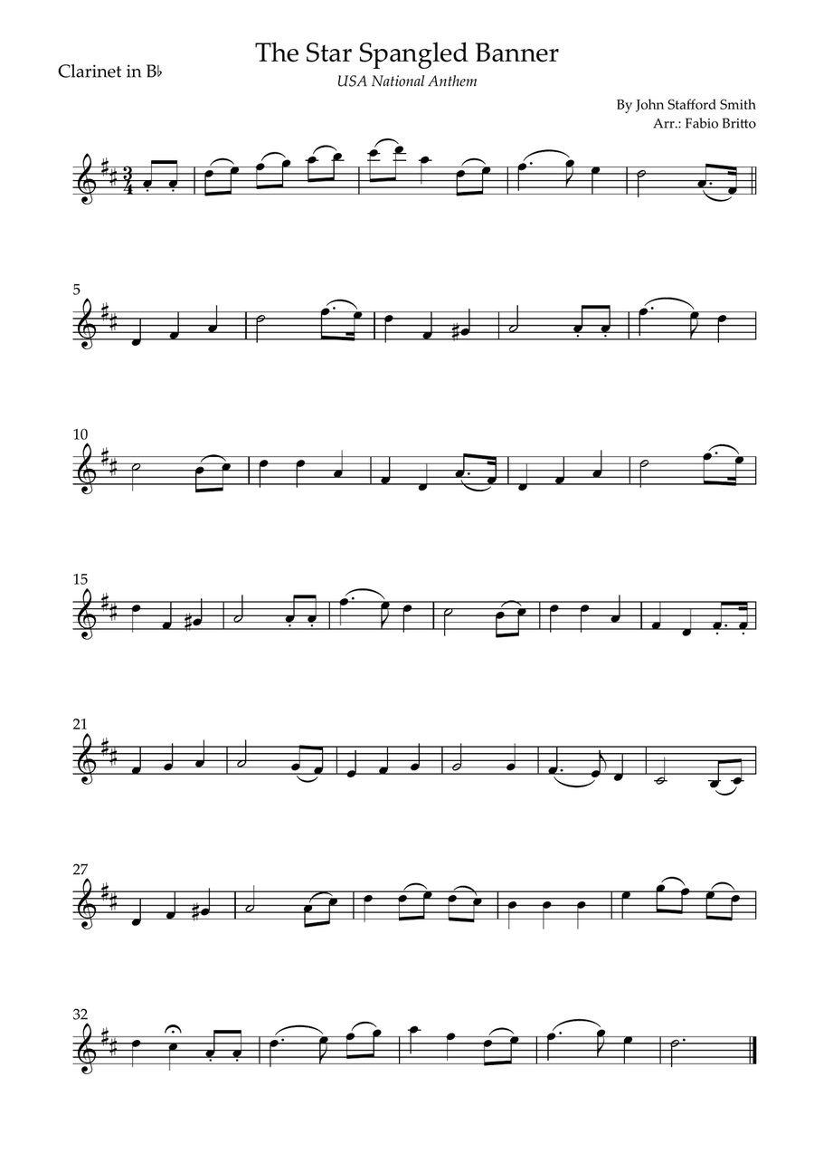 The Star Spangled Banner (USA National Anthem) for Clarinet in Bb Solo