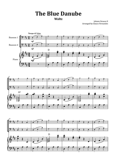 The Blue Danube - Bassoon Duet with Piano and Chord Notations