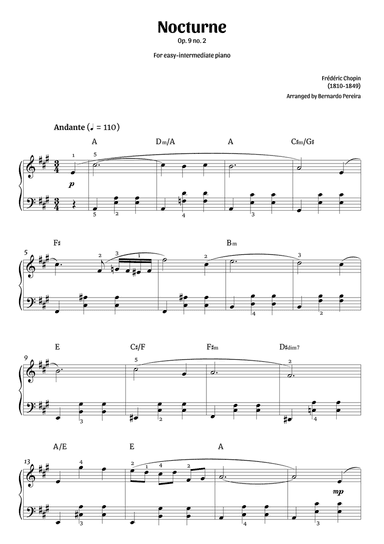Nocturne Op. 9 no. 2 (easy-intermediate piano – A major)