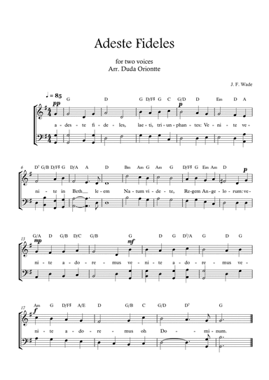 Adeste Fideles (two mixed voices - G major - 2 staffs - no piano - with chords) O Come All Ye Faiful