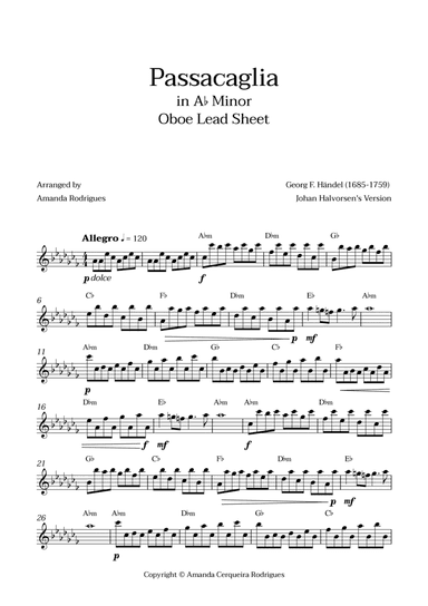 Passacaglia - Easy Oboe Lead Sheet in Abm Minor (Johan Halvorsen's Version)