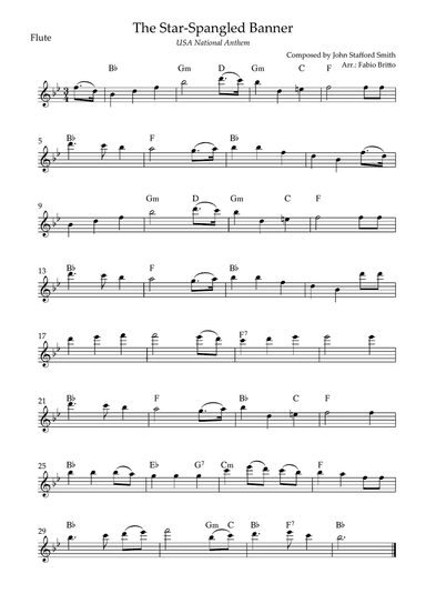 The Star Spangled Banner (USA National Anthem) for Flute Solo with Chords (Bb Major)