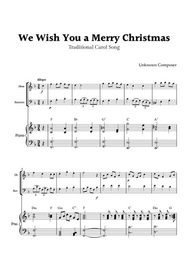 We Wish you a Merry Christmas for Oboe and Bassoon Duet with Piano