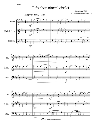 Il fait bon aimer l'oiselet for double-reed trio (oboe, cor anglais, bassoon)
