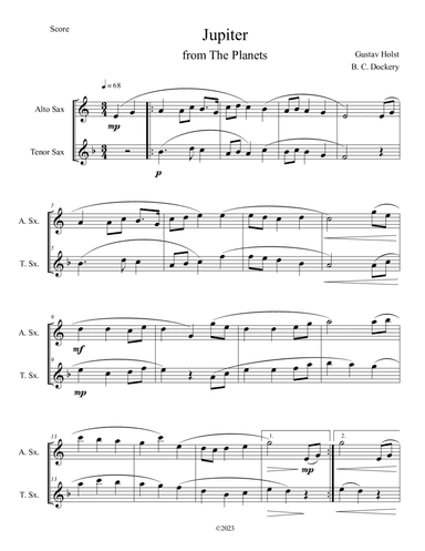 Jupiter (from The Planets) for Alto and Tenor Sax Duet