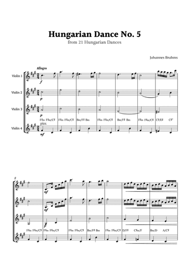 Hungarian Dance No. 5 by Brahms for Violin Quartet