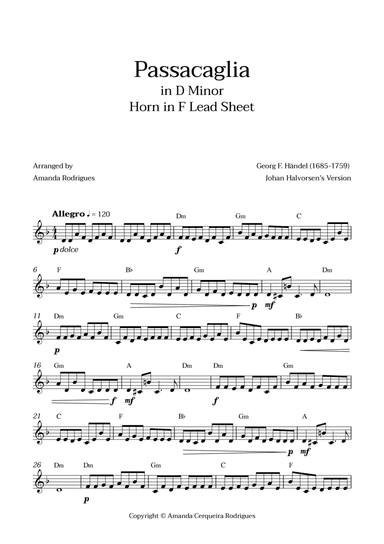 Passacaglia - Easy Horn in F Lead Sheet in Dm Minor (Johan Halvorsen's Version)
