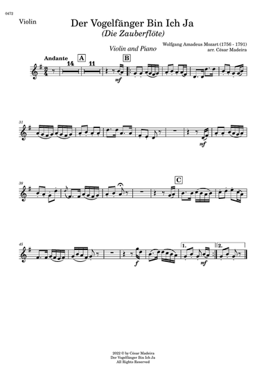Der VogelfÀnger Bin Ich Ja - Violin and Piano (Individual Parts)