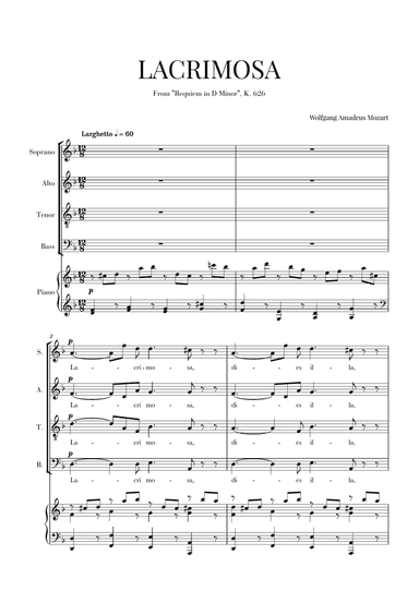 W. A. Mozart - Requiem - Lacrimosa (SATB and Piano Accompaniment)