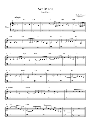 Ave Maria (Bach-Gounod) in C Major for Easy Piano With Chords