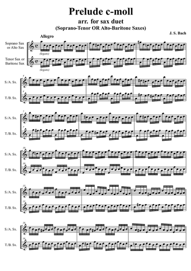 J. S. Bach - Prelude II c-moll from The Well-Tempered Clavier Book I, arr. for sax duet (S-T/A-B)