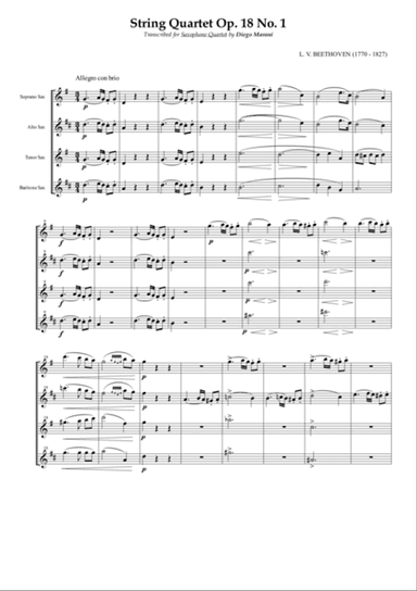 String Quartet Op. 18 No. 1 for Saxophone Quartet (SATB)