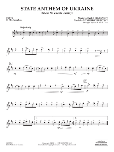State Anthem of Ukraine (Shche Ne Vmerla Ukrainy) (arr. Murtha) - Pt.2 - Eb Alto Saxophone