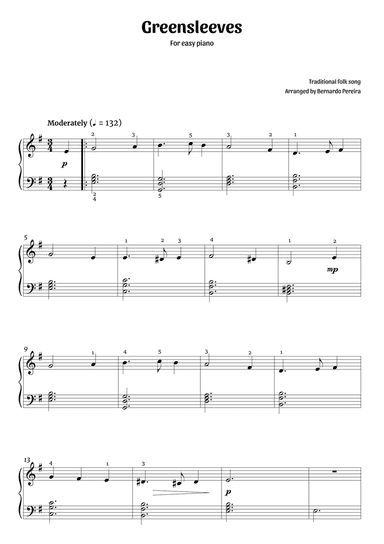 Greensleeves (easy piano in E minor – clean with fingering)
