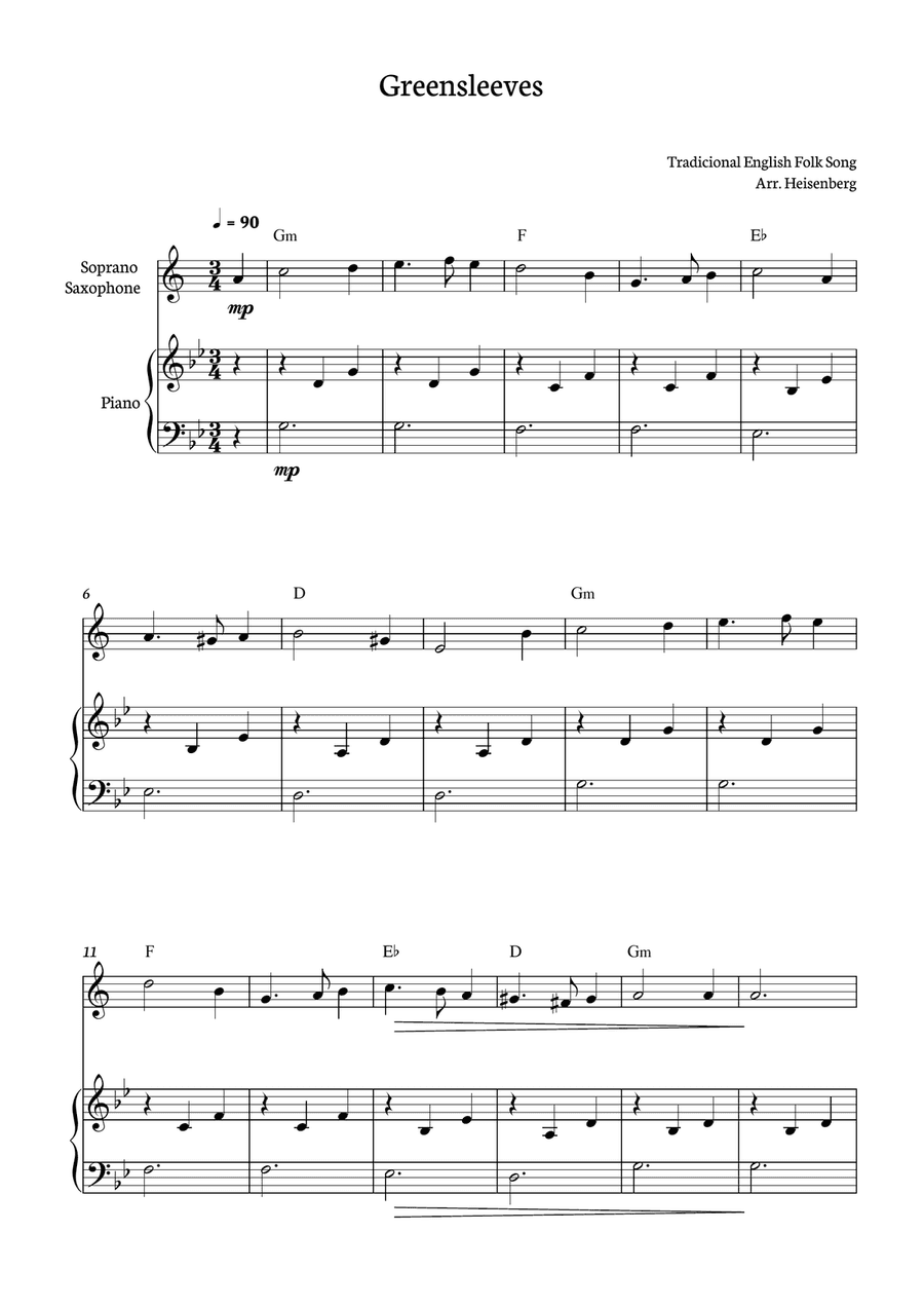 Greensleeves for Soprano Sax with piano accompaniment