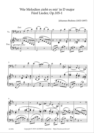 ‘Wie Melodien zieht es mir (It moves like a melody)' Op.105-1 in D Major for Violoncello & Piano