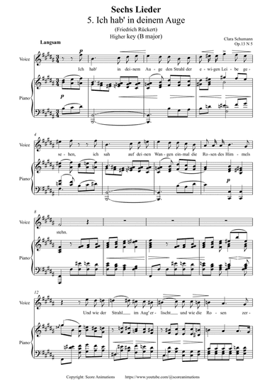 C.SCHUMANN. Ich hab' in deinem Auge Op 13 N5 in B major (Higher key)