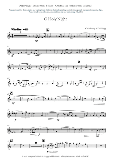 O Holy Night - Eb Saxophone and Piano (funk/groove style) by Chris Lawry and Keri Degg. Includes FRE