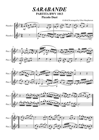 Sarabande by J.S.BACH - arranged for Piccolo Duet