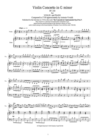 Vivaldi - Violin Concerto in G minor RV 318 Op.6 No.3 for Violin and Piano