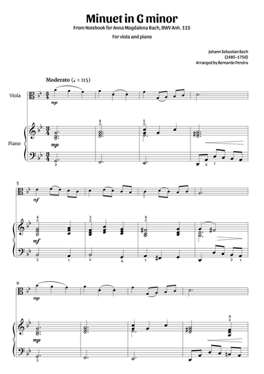 Minuet in G minor (viola and piano – clean with fingering)