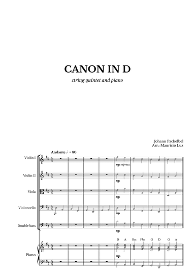 Canon in D for String Quintet and Piano with chords